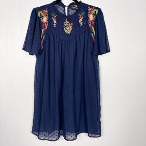 Coco Colette Floral Embroidery Swiss Dot Short Sleeve Dress Navy Blue Medium M